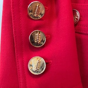 Chanel red women’s red suit, jacket & skirt, european french size 40